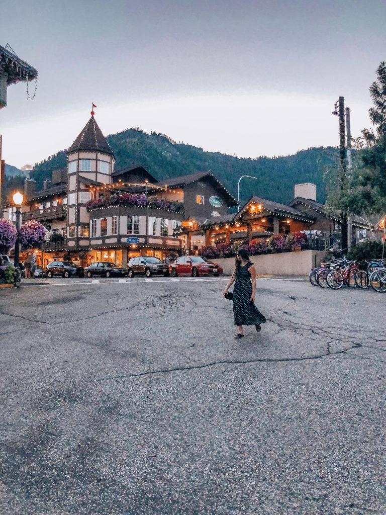 downtown leavenworth, washington. bavarian town, german architecture, girl strolling through leavenworth washington