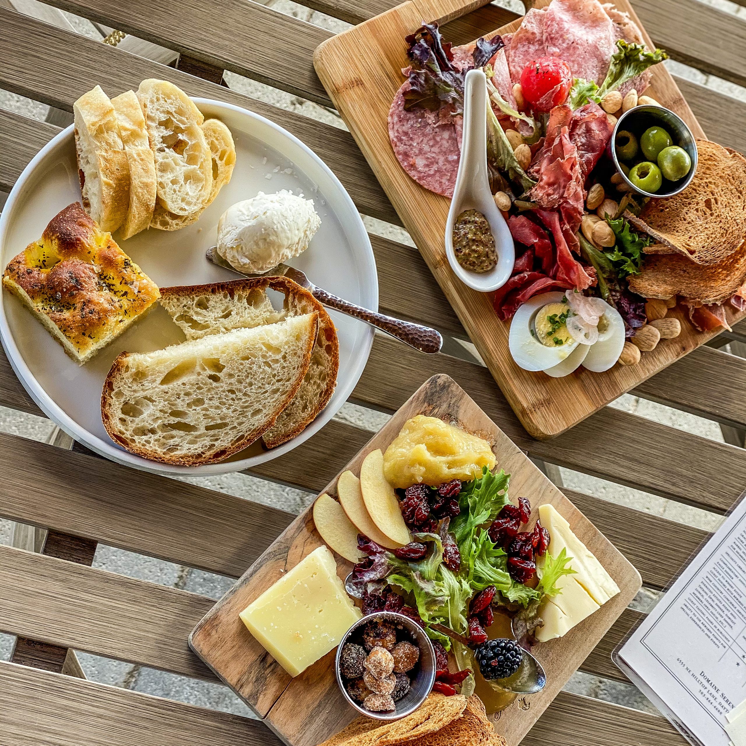 Aritsan bread, cheese and charcuterie board at Domaine Serene. The best wineries in Willamette Valley. Domaine Serene. Dayton, Oregon. Willamette Valley wineries.