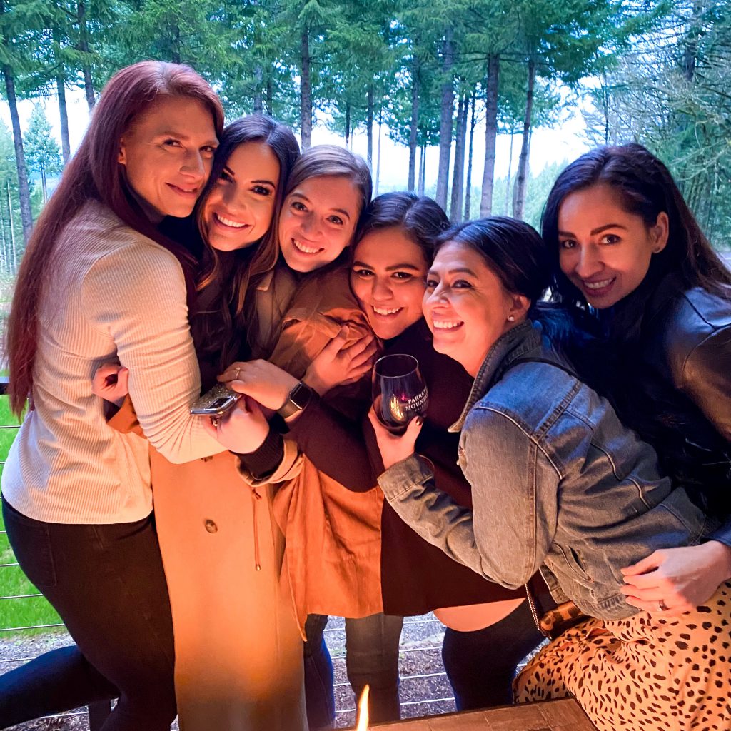 Girls group at Parrett Mountain Cellars, Newberg, Oregon. The best wineries in Willamette Valley. Willamette Valley wineries.
